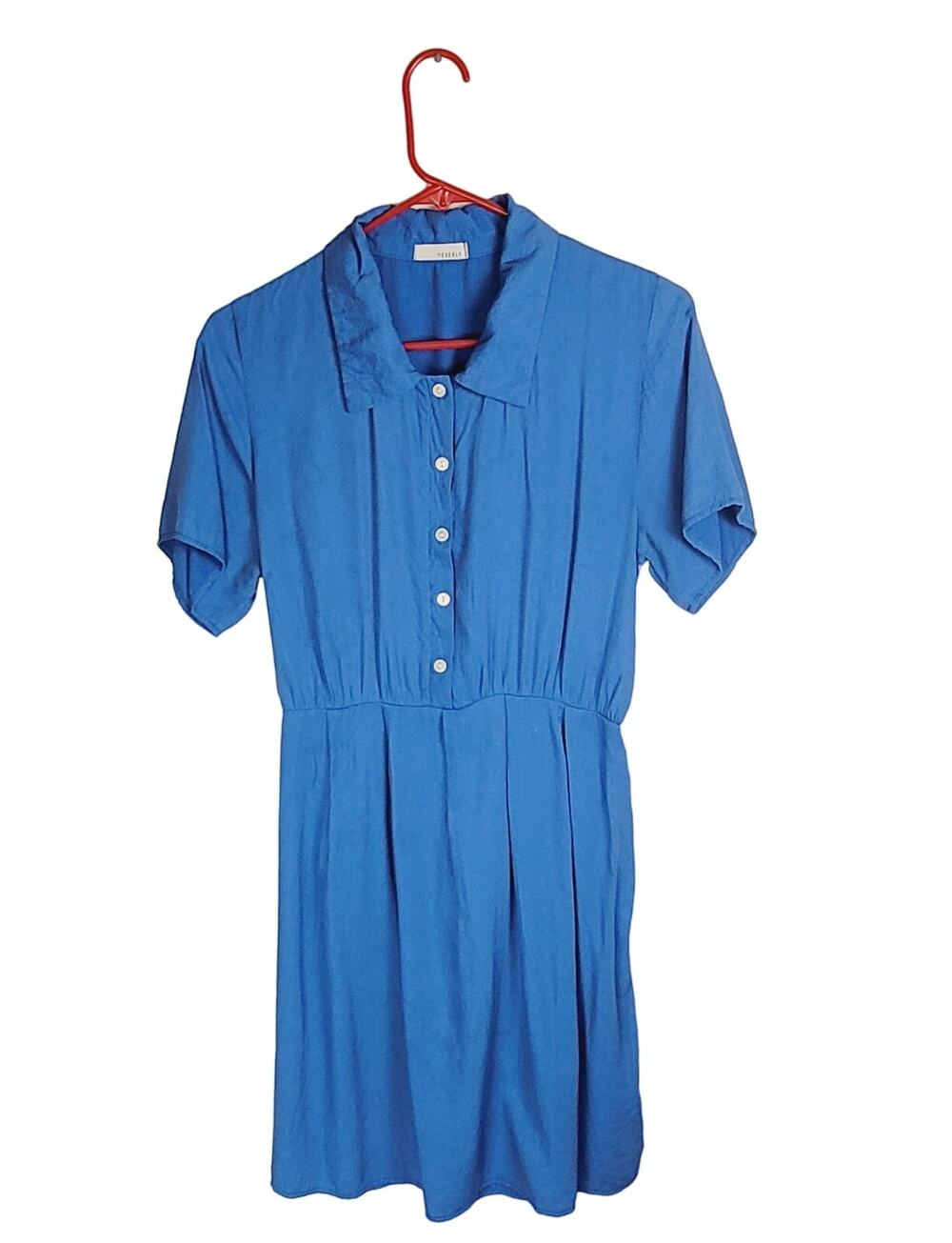 Anthropologie Everly blue button up shirt dress size Med preppy minimal modest